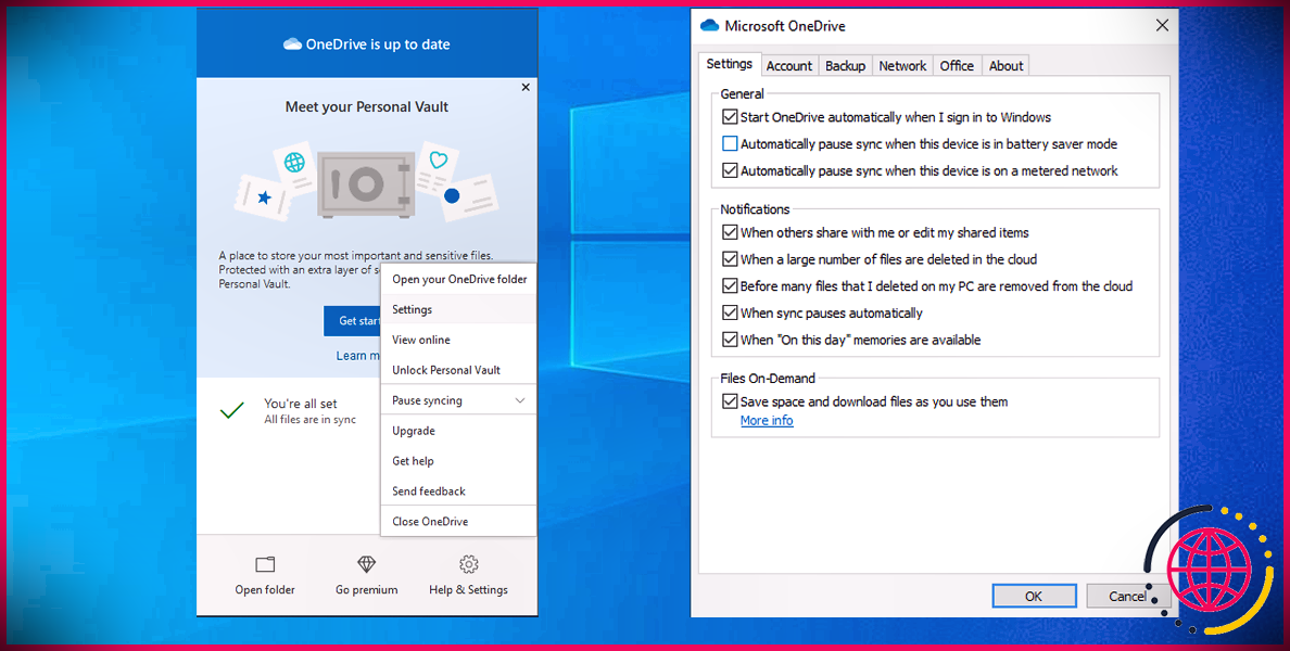 Paramètres OneDrive dans Windows 10
