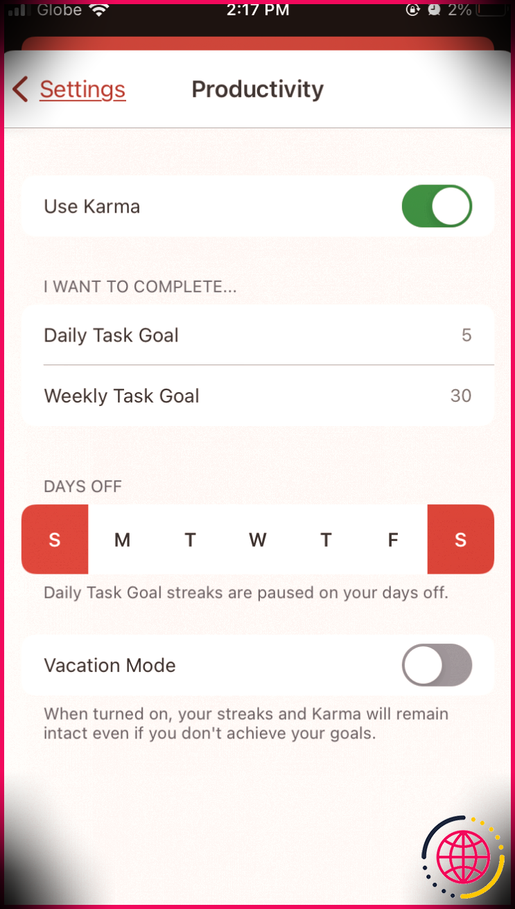 Section de productivité de l'application mobile de Todoist pour les jours de congé