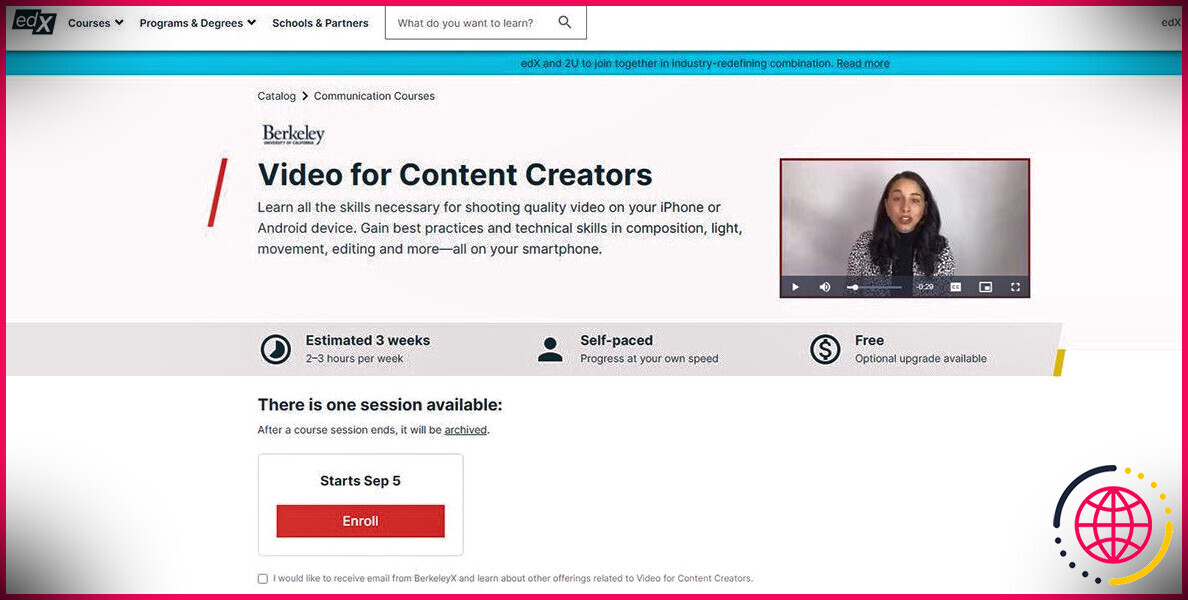 Un visuel montrant le cours Video for Content Creators dans edX