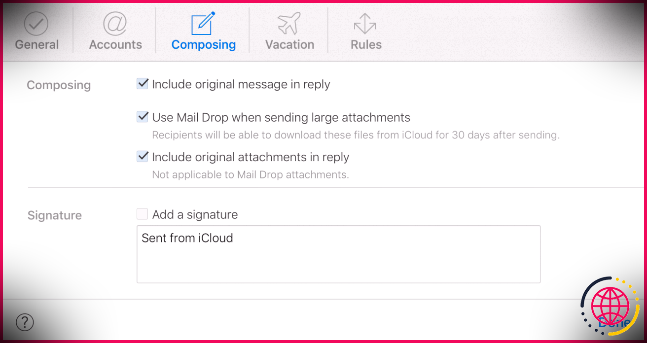 Activation de la fonction Mail Drop sur le compte iCloud.