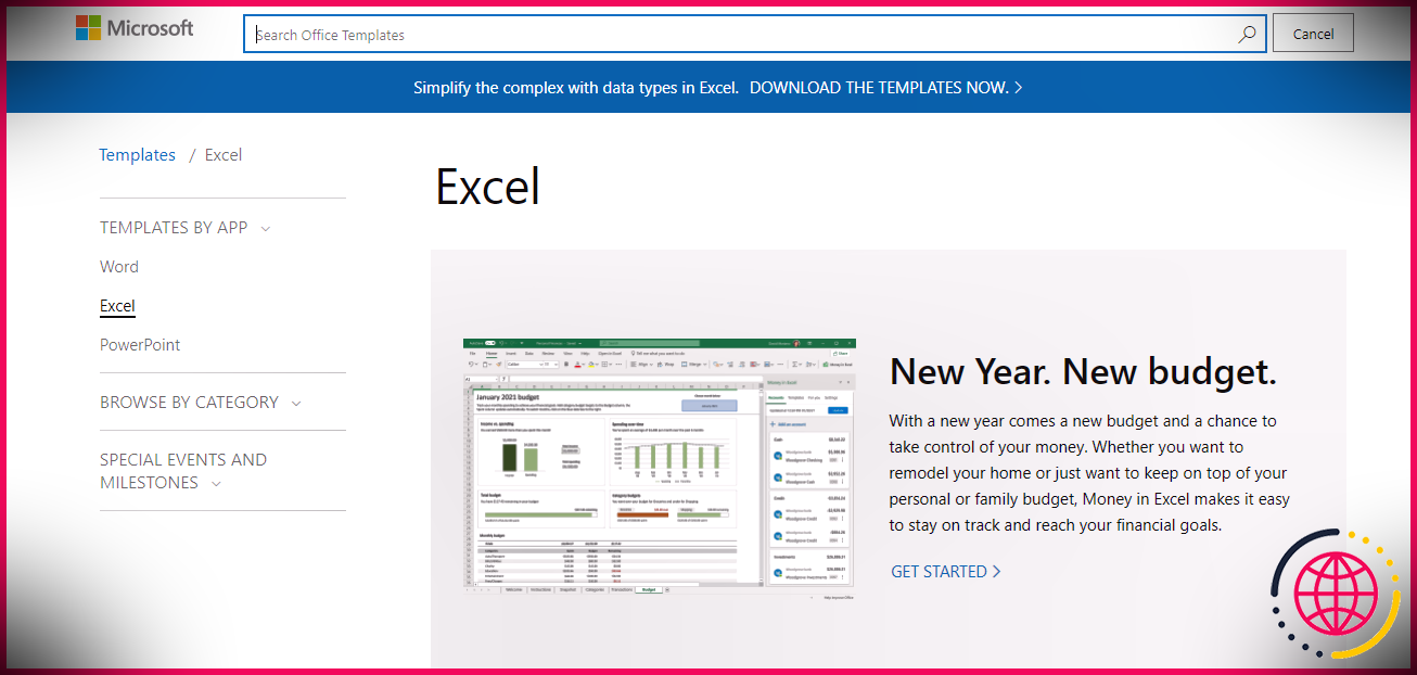Barre de recherche pour rechercher des modèles Excel sur le site Web de Microsoft