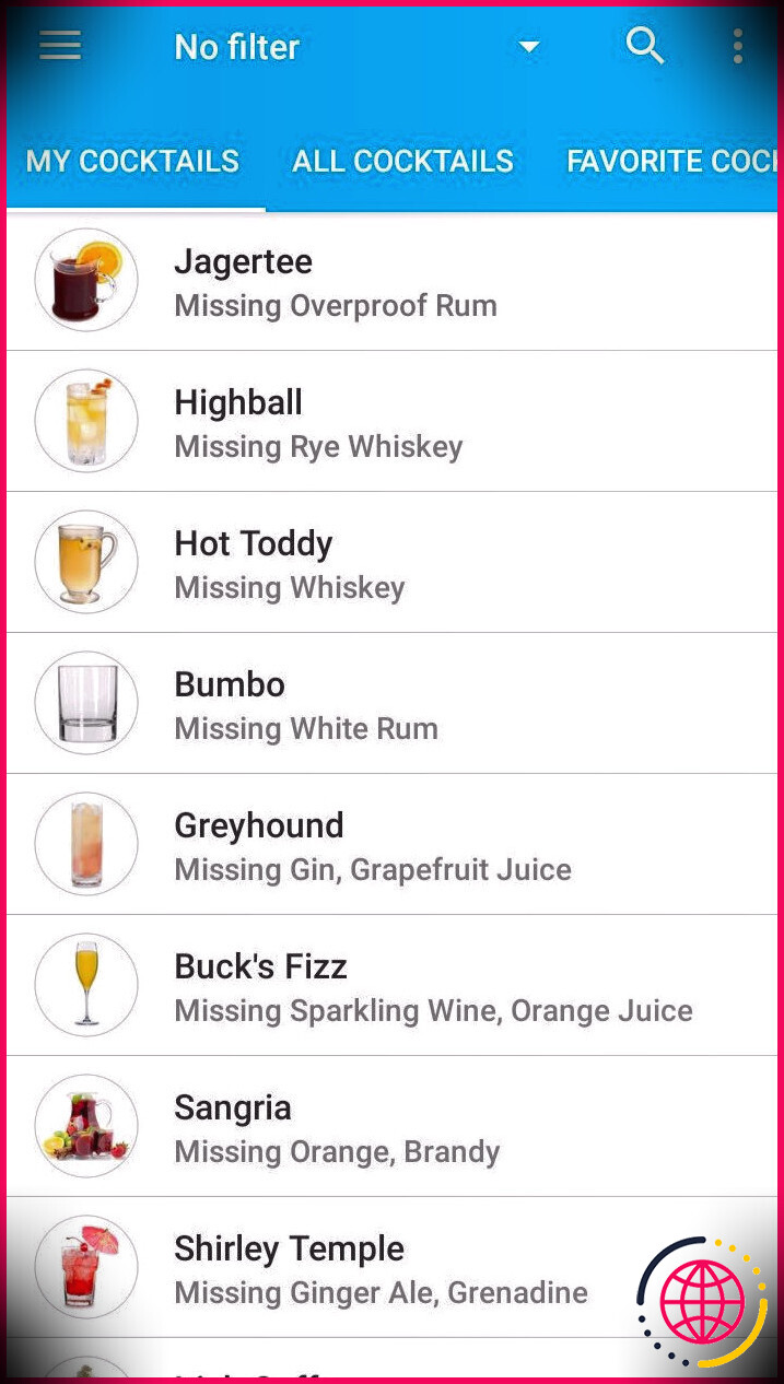 capture d'écran de ma liste de cocktails au bar à cocktails