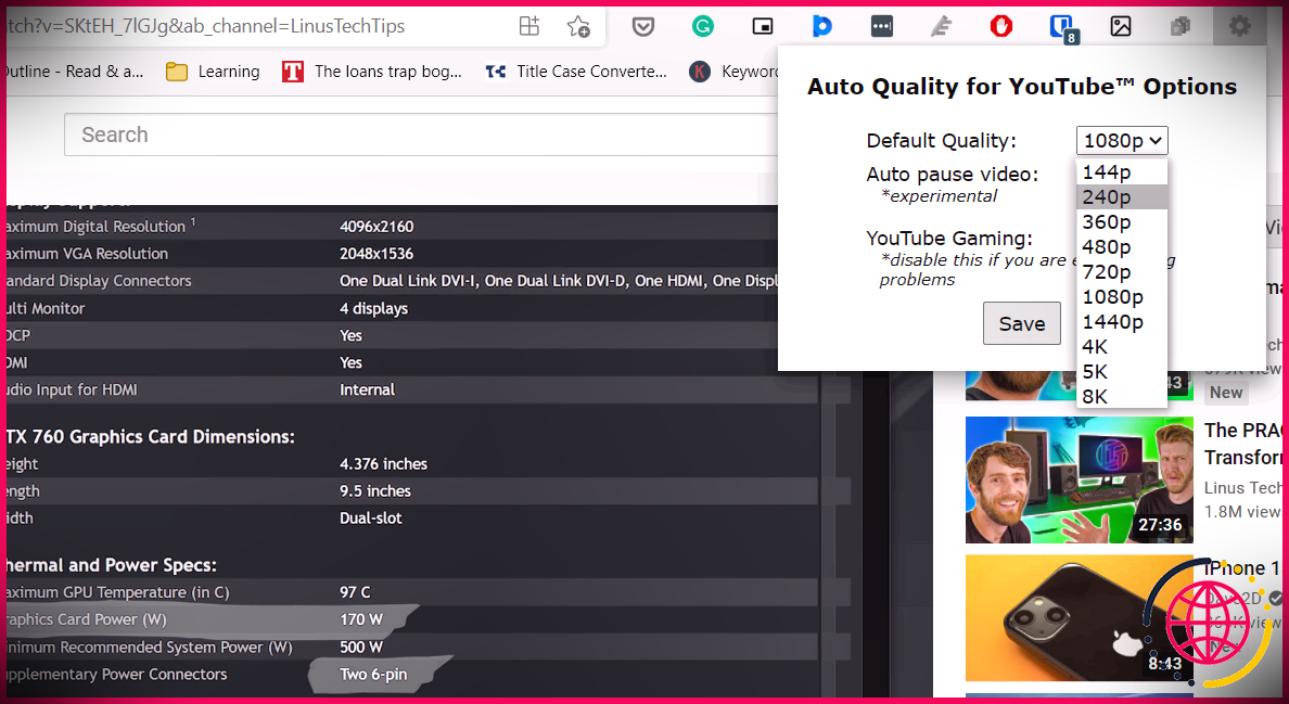 Comment définir une qualité vidéo permanente sur YouTube dans Google Chrome et Edge