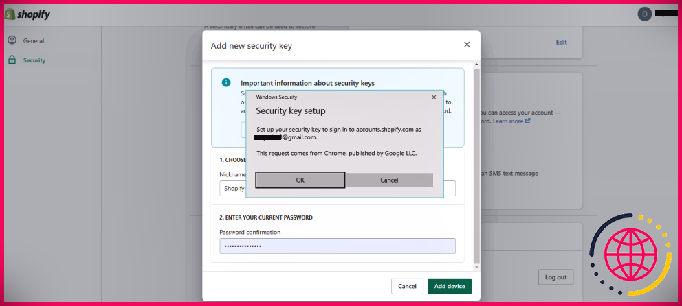 Configuration de la clé de sécurité Windows Shopify 2SA