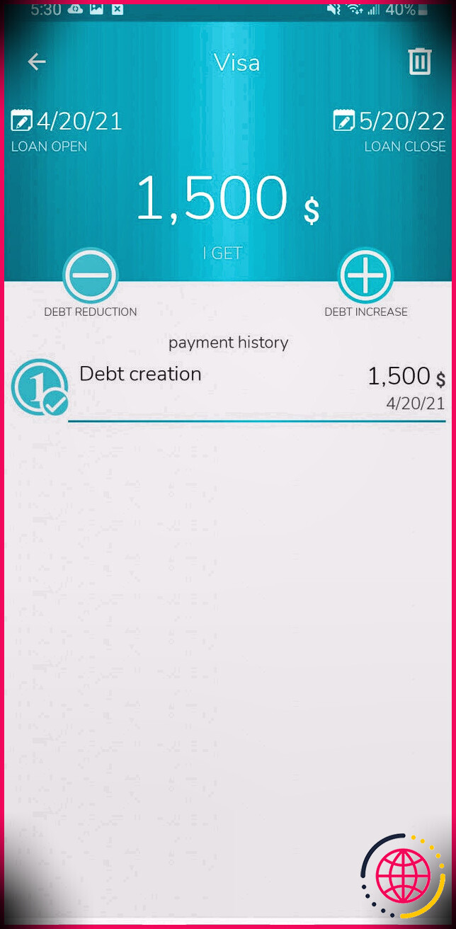 écran d'accueil de l'application de dettes