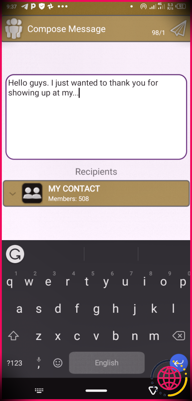 Interface de l'application de messagerie de groupe