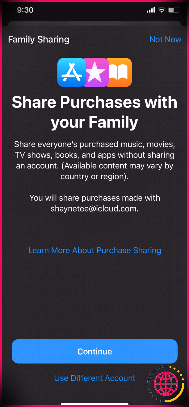 Invite de l'iPhone pour partager les achats avec la famille