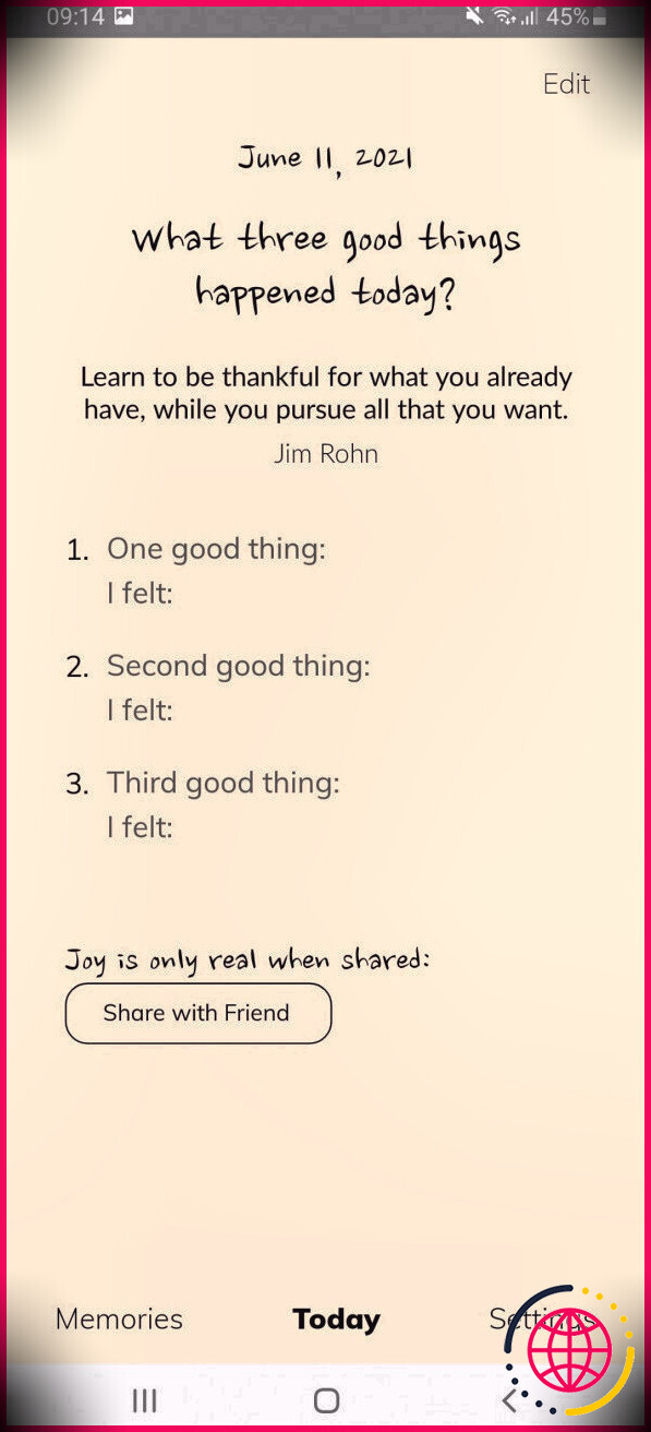 Journal de gratitude de l'application Trois bonnes choses