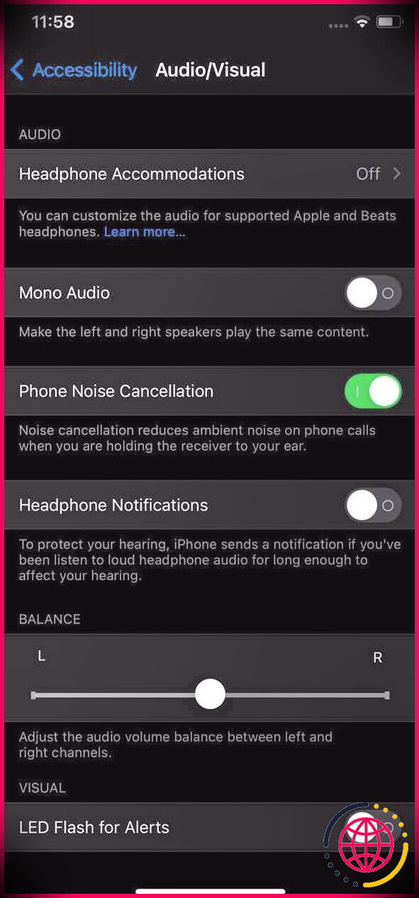 Le menu des paramètres audio/vidéo sur un iPhone