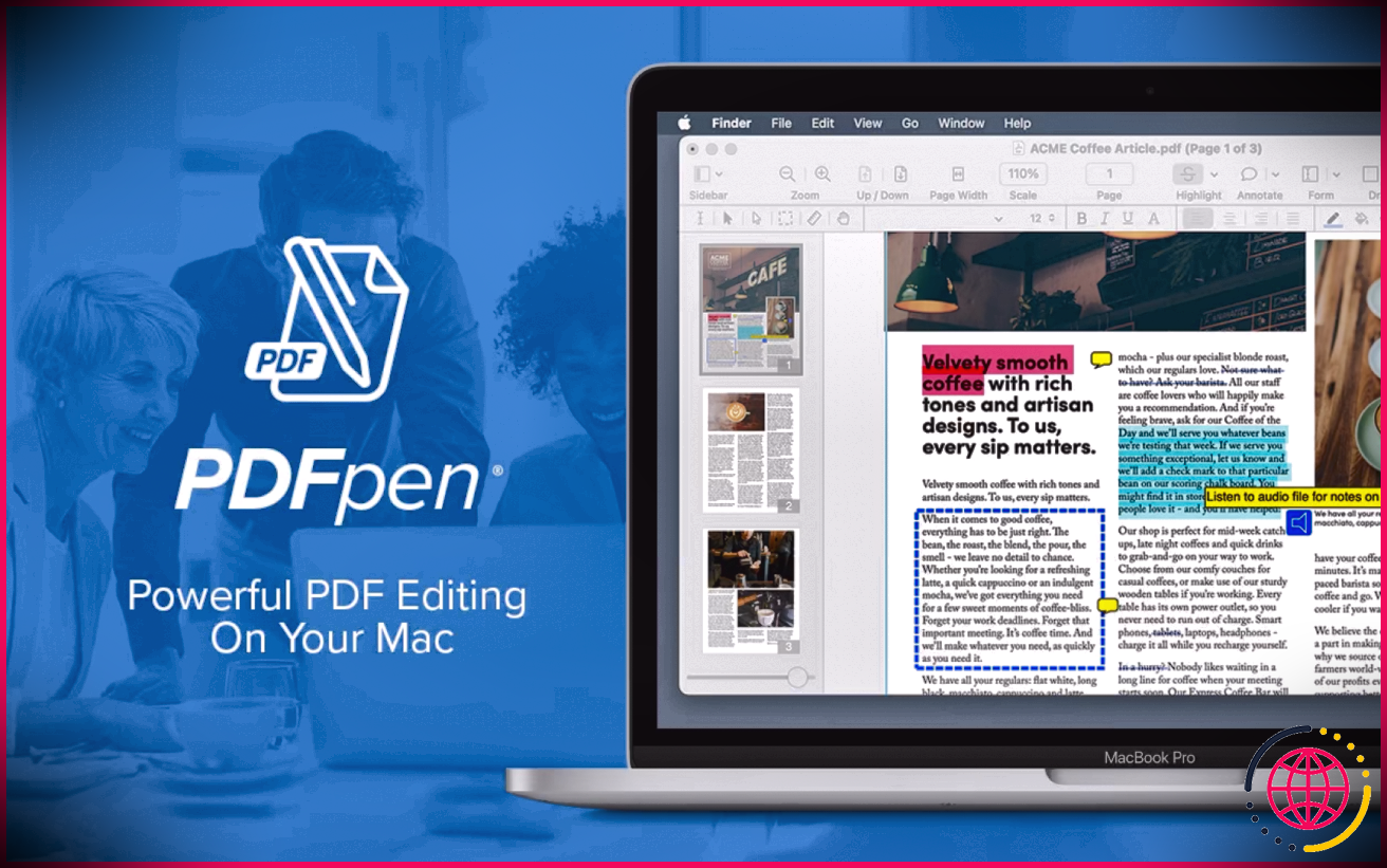 Logo PDFpenPro à côté d'un MacBook Pro utilisant PDFpenPro pour annoter un PDF