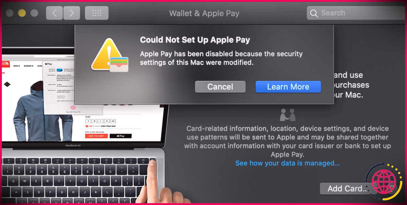 Message indiquant que vous ne pouvez pas configurer Apple Pay sur Mac.