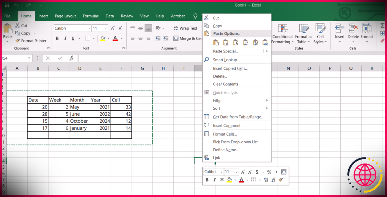 Options de collage Microsoft Excel