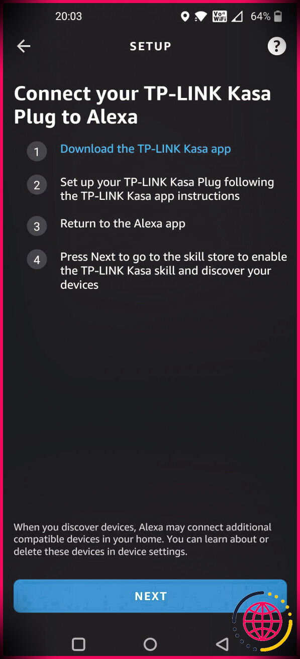 Page de configuration de Kasa Smart Plug sur l'application Alexa