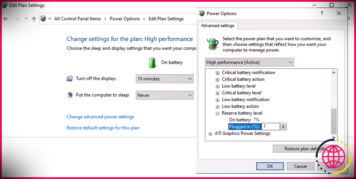 Réserver les paramètres de niveau de batterie dans Windows 10