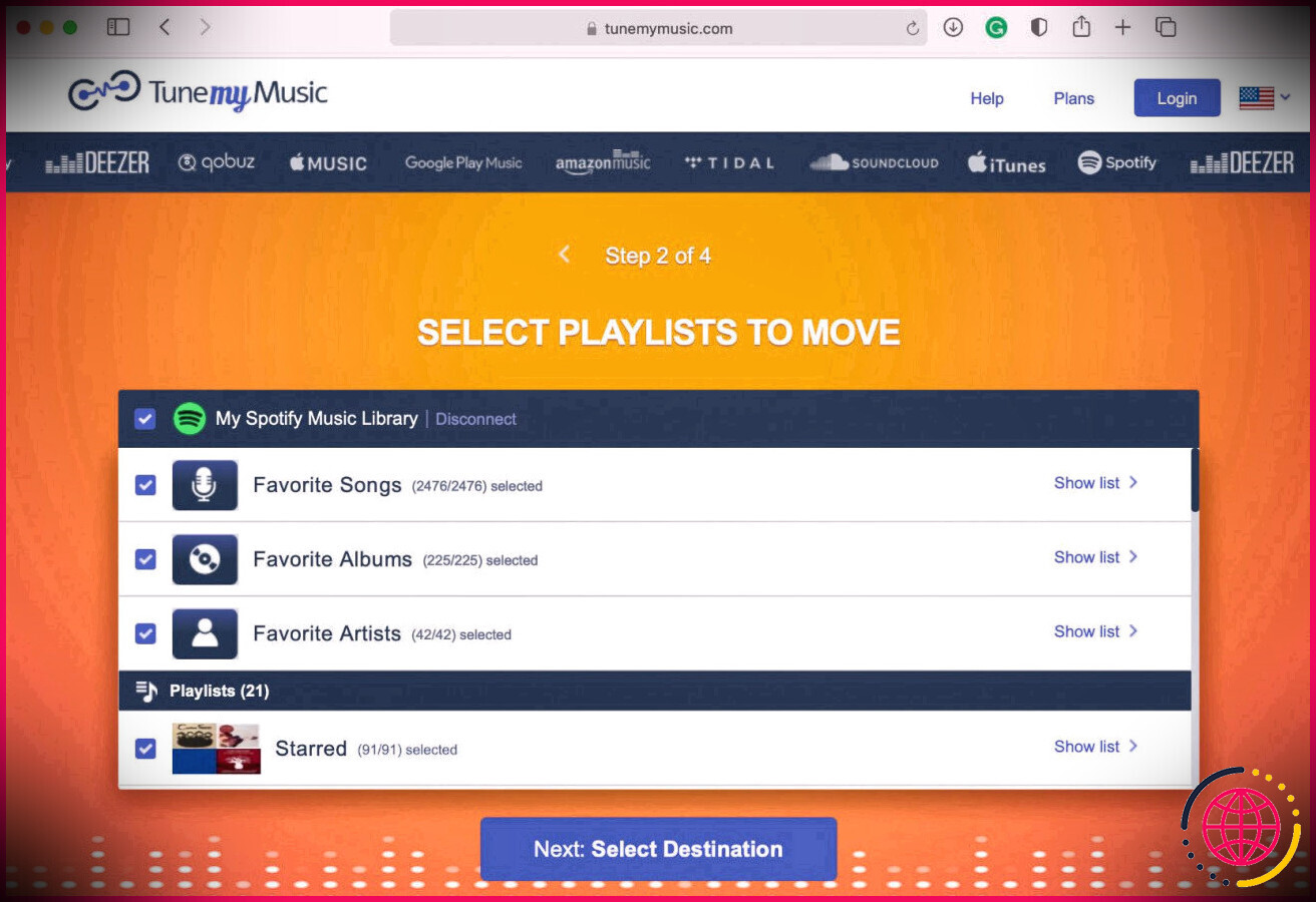 TuneMyMusic montrant la bibliothèque musicale Spotify