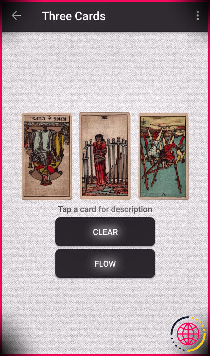 capture d'écran de la lecture de la divination du tarot