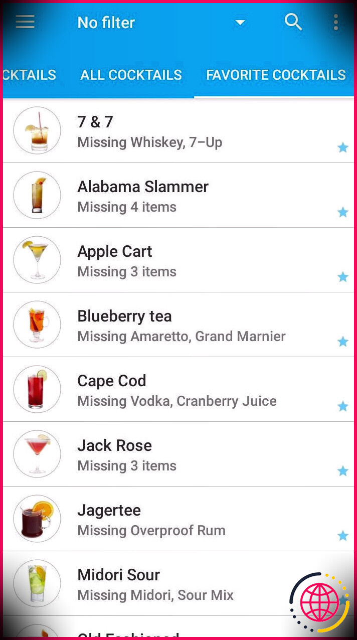 capture d'écran de ma liste de bar à cocktails