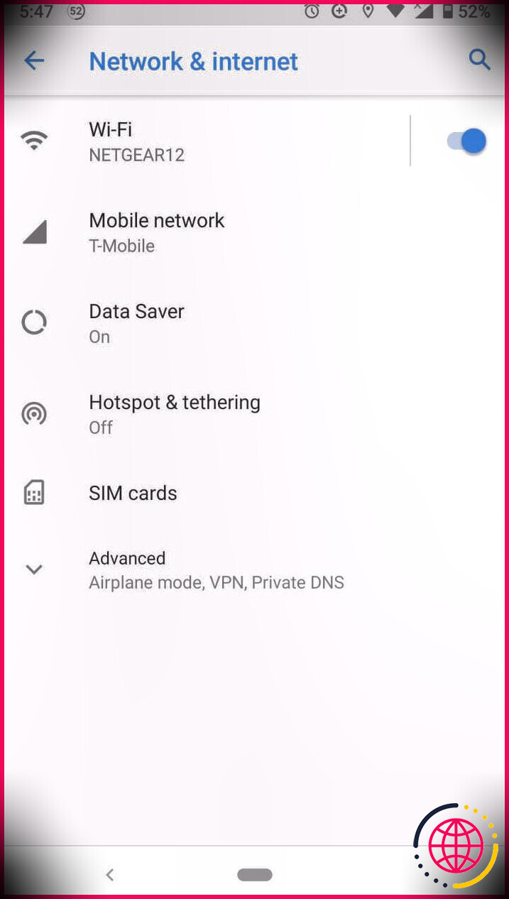 capture d'écran du menu réseau Android