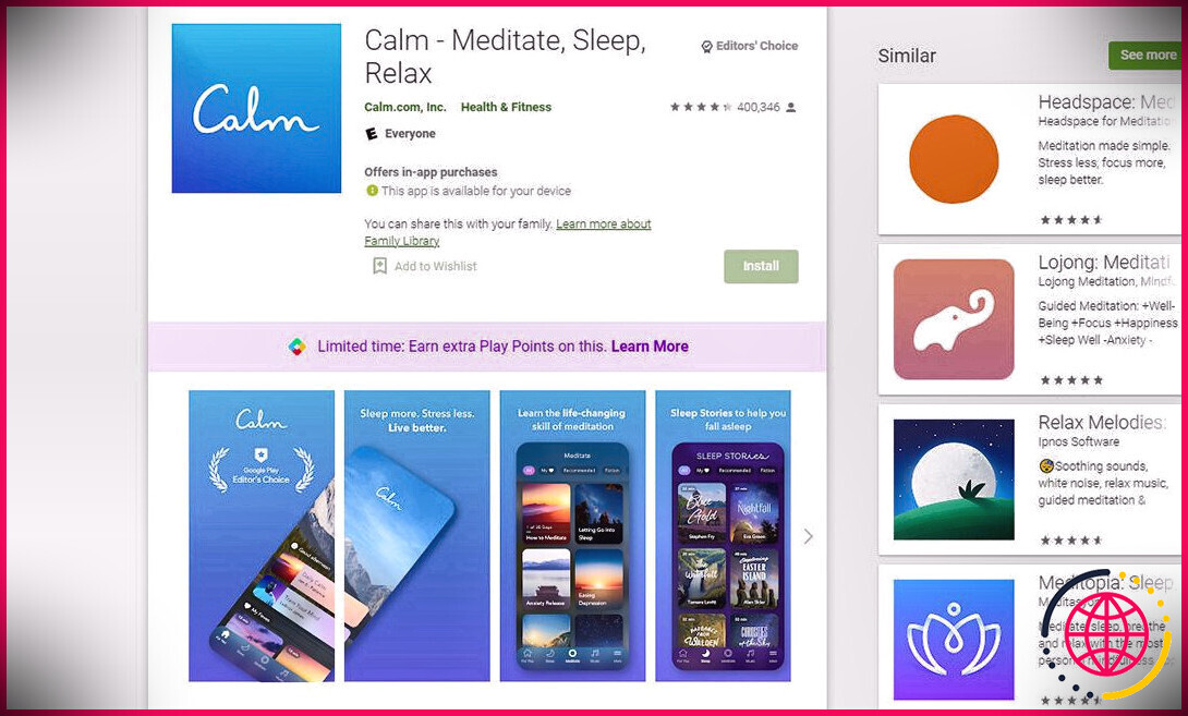 Comment l'application Calm s'affiche dans le Play Store