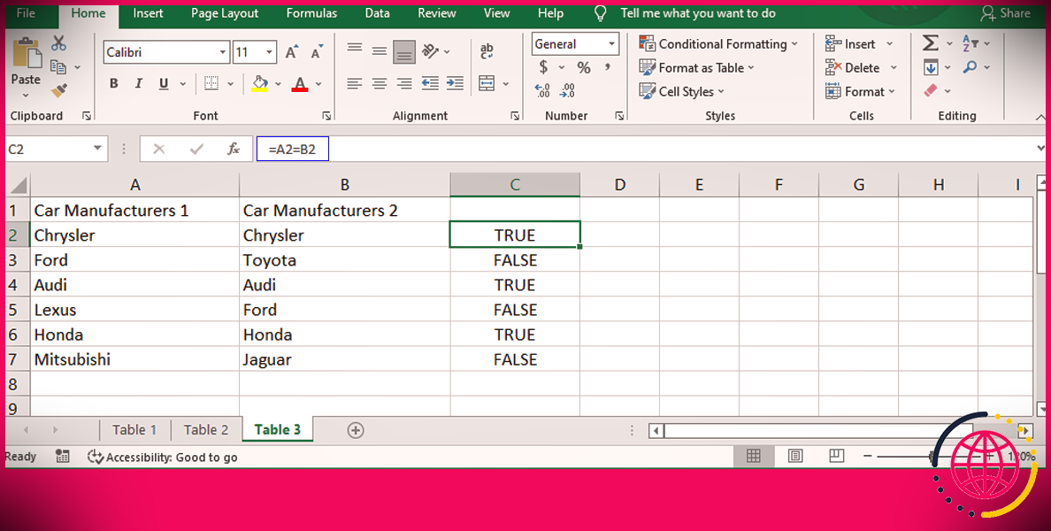 Comparer deux colonnes dans Excel.