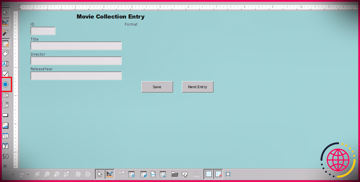 Emplacement de l'outil Bouton d'option dans LibreOffice Base