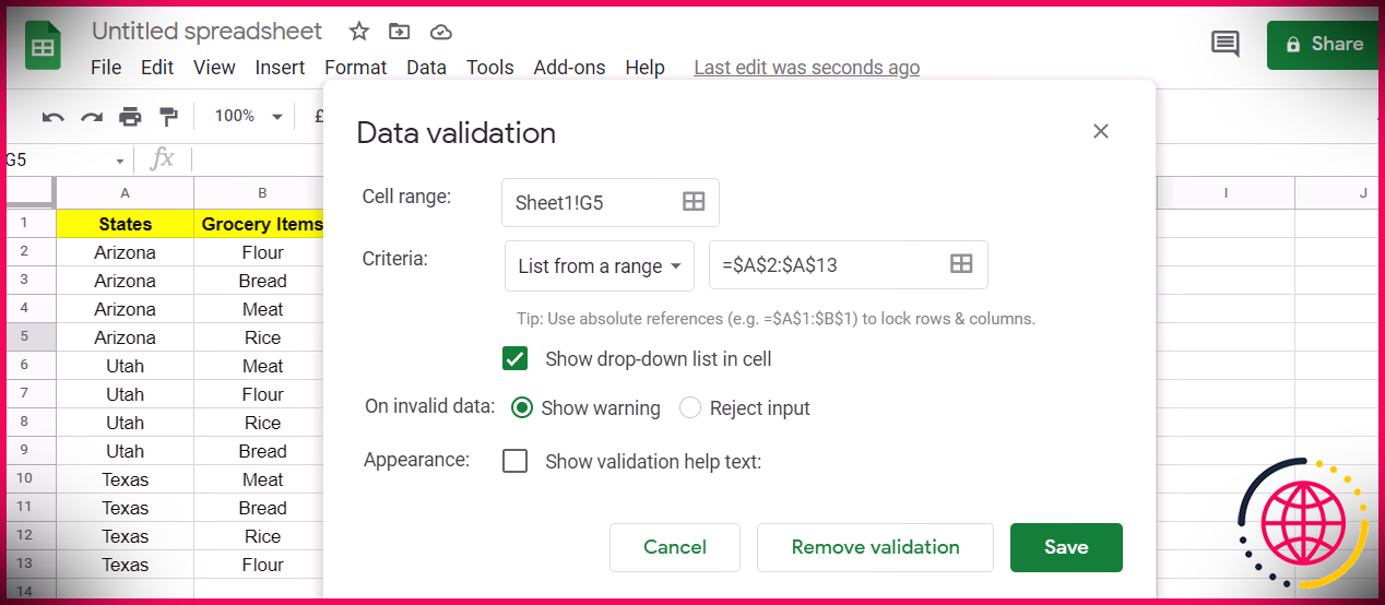 Enregistrement des paramètres de validation des données