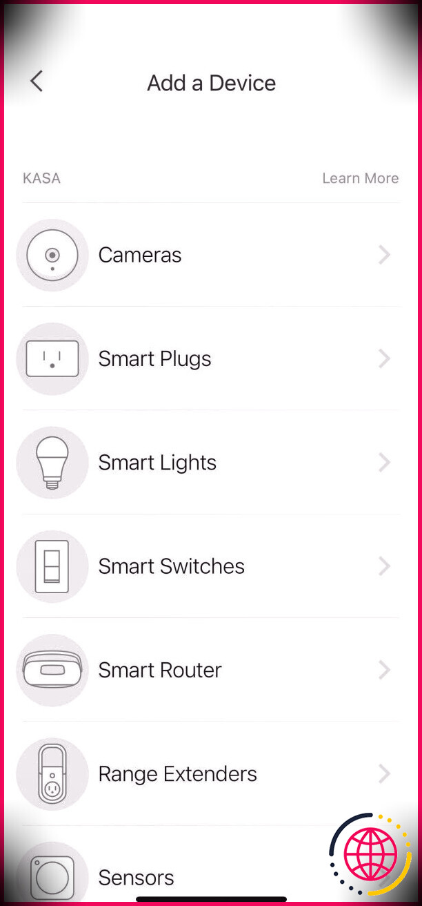 Kasa smart app ajoutant l'écran de l'appareil étape deux