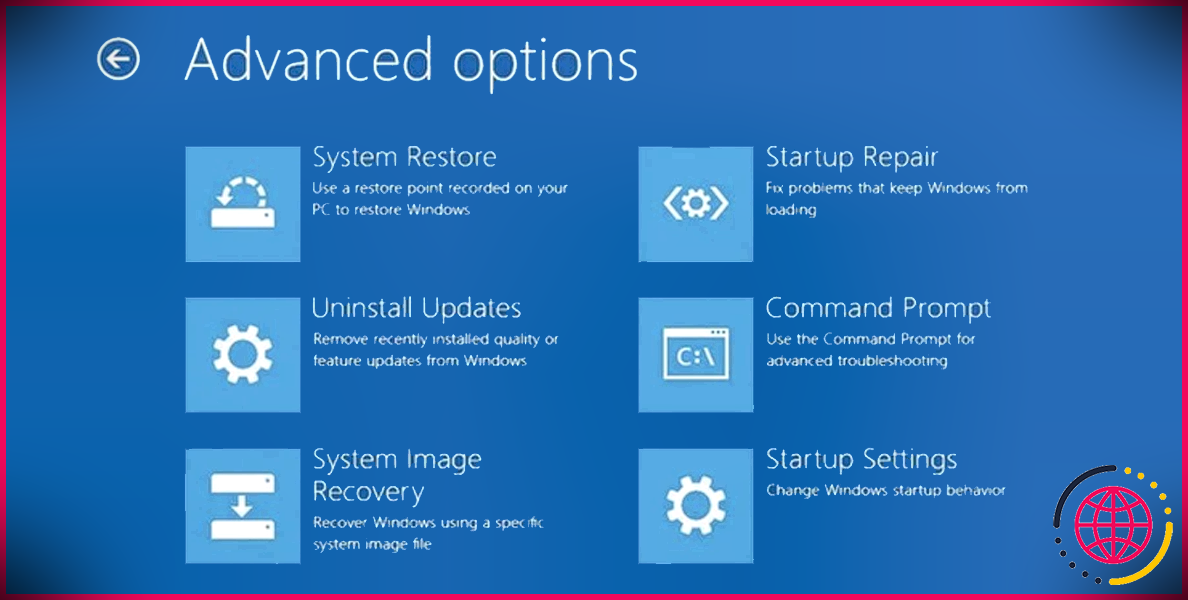 Menu Options avancées dans Windows 10