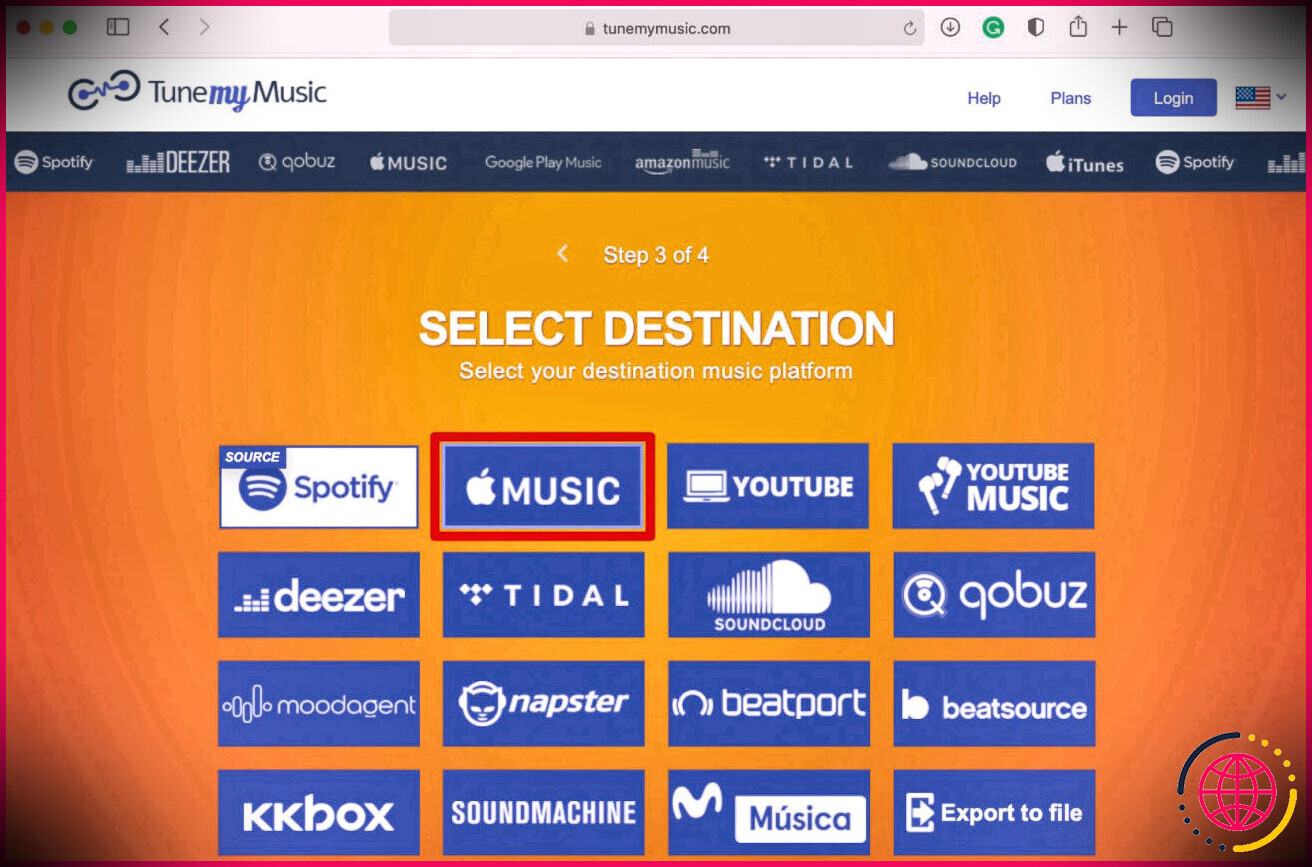 Option de destination TuneMyMusic mettant en évidence Apple Music