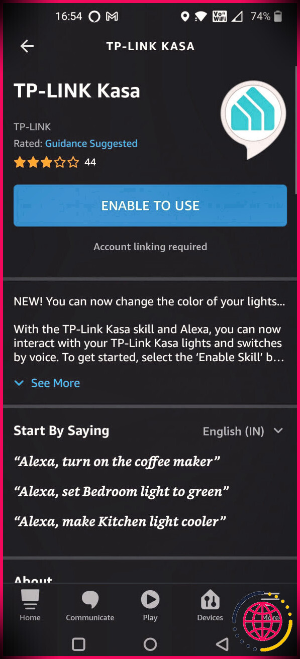 Page de compétences Kasa Smart Plug sur l'application Alexa