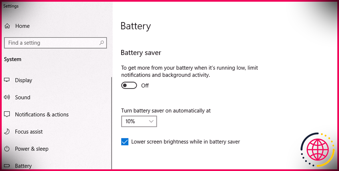 Paramètres de la batterie dans Windows 10