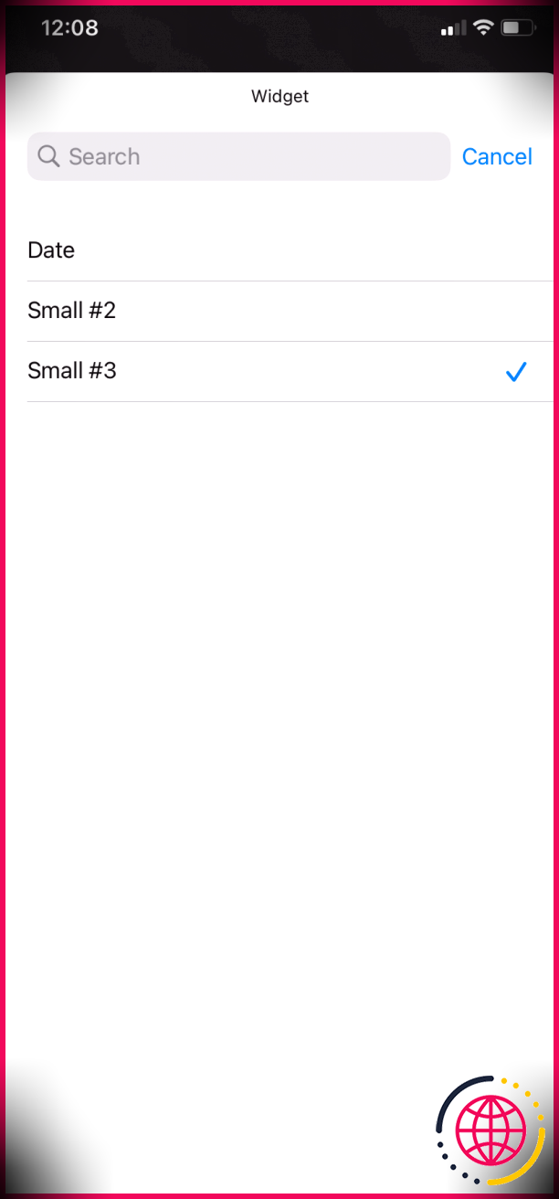 Sélection d'un widget à ajouter à l'écran d'accueil iOS à partir de Widgetsmith