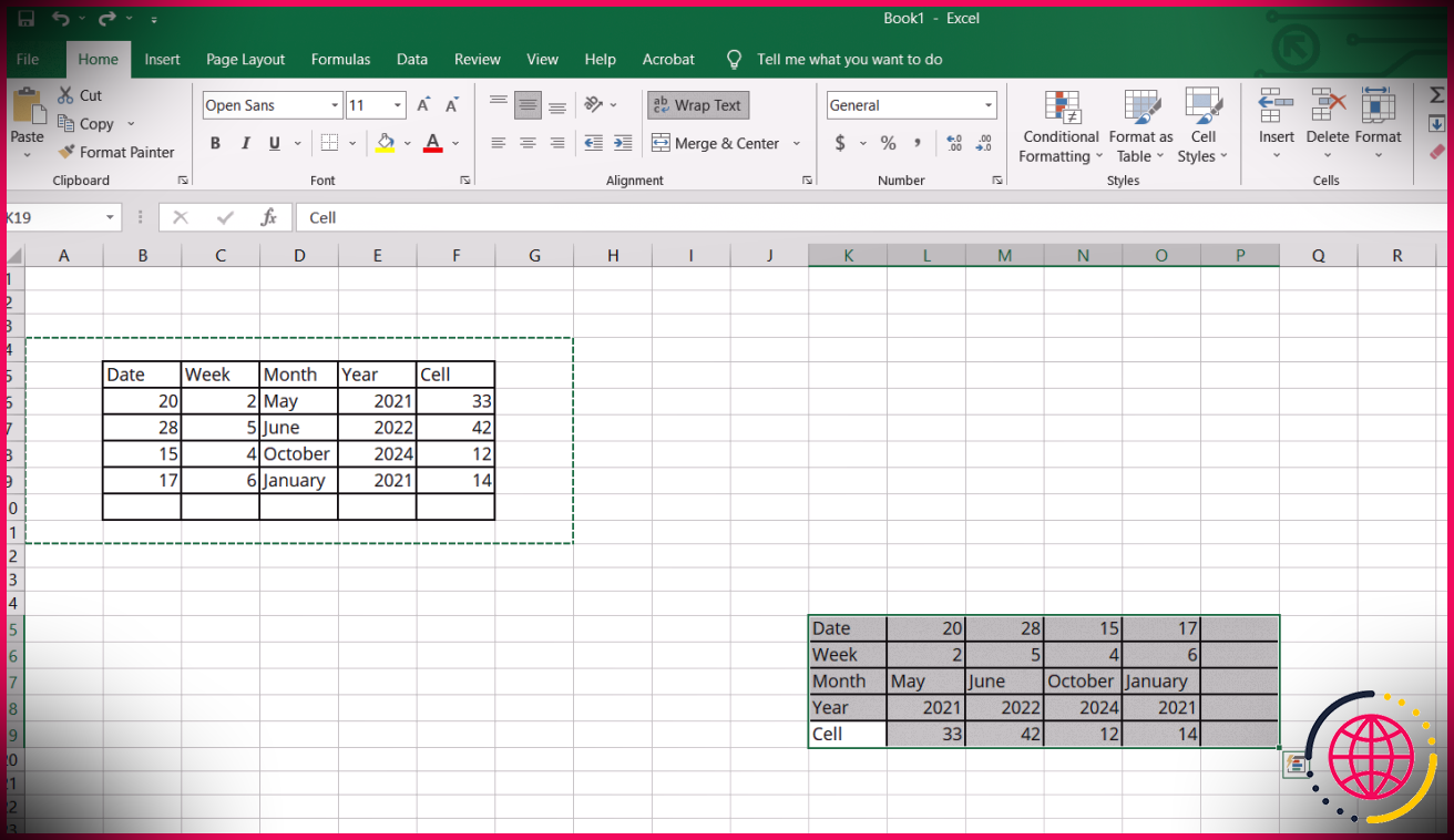 Tableau transposé et tableau normal dans Microsoft Excel