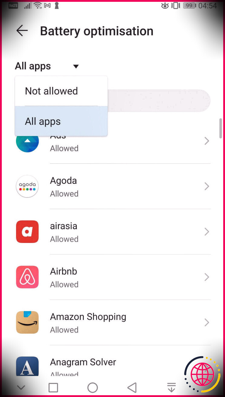 Trouver l'application SMS Forwarder dans les paramètres d'optimisation sur Android