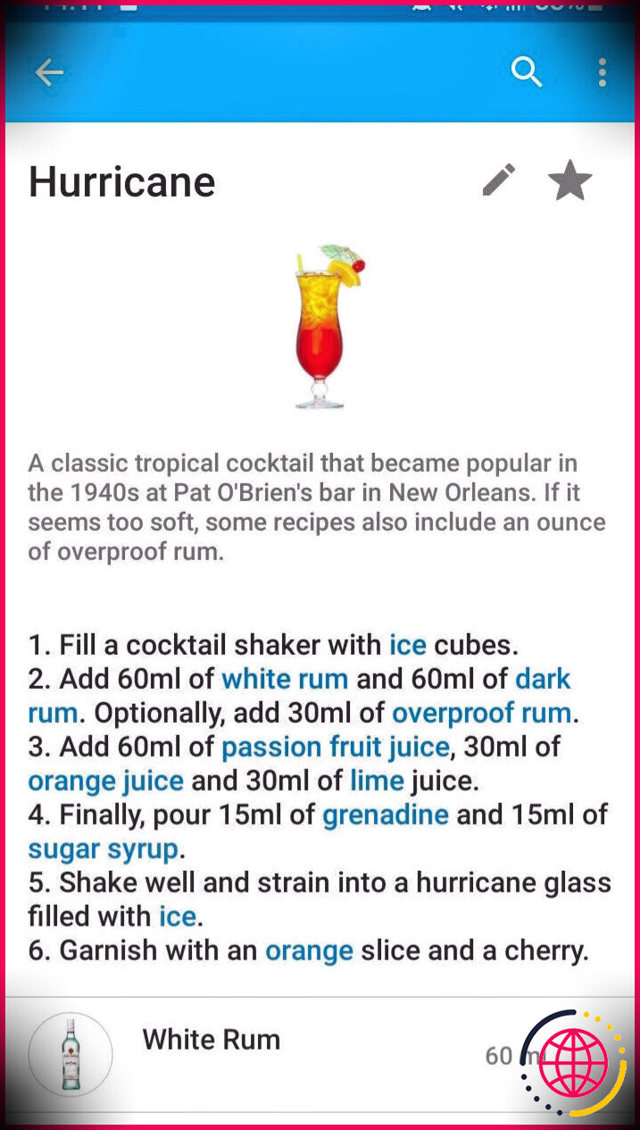 capture d'écran de la recette de mon cocktail bar à cocktails