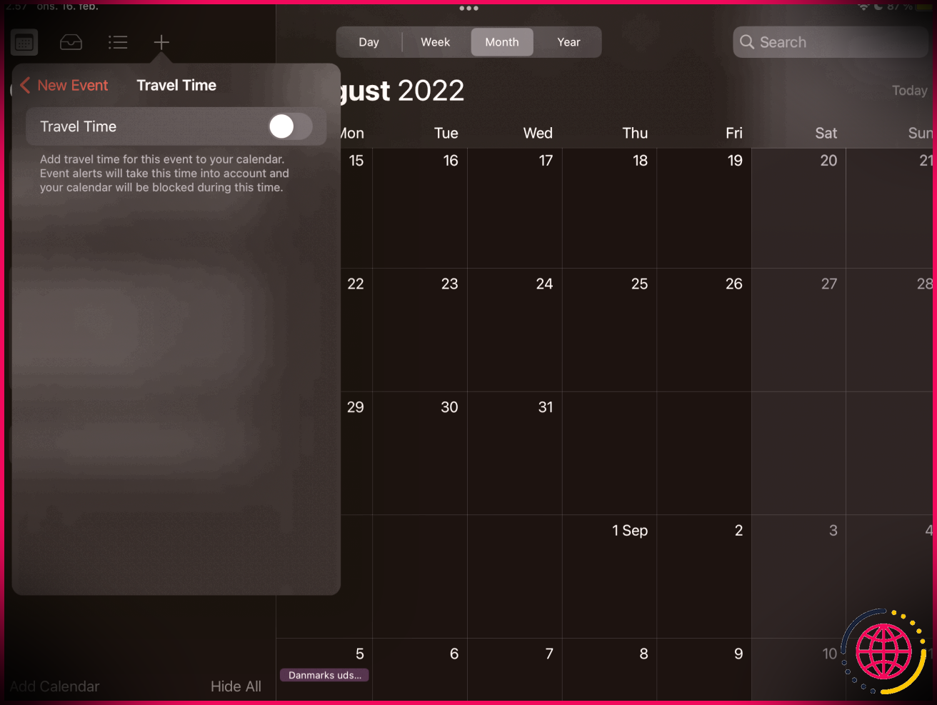 Capture d'écran du temps de voyage du calendrier Apple