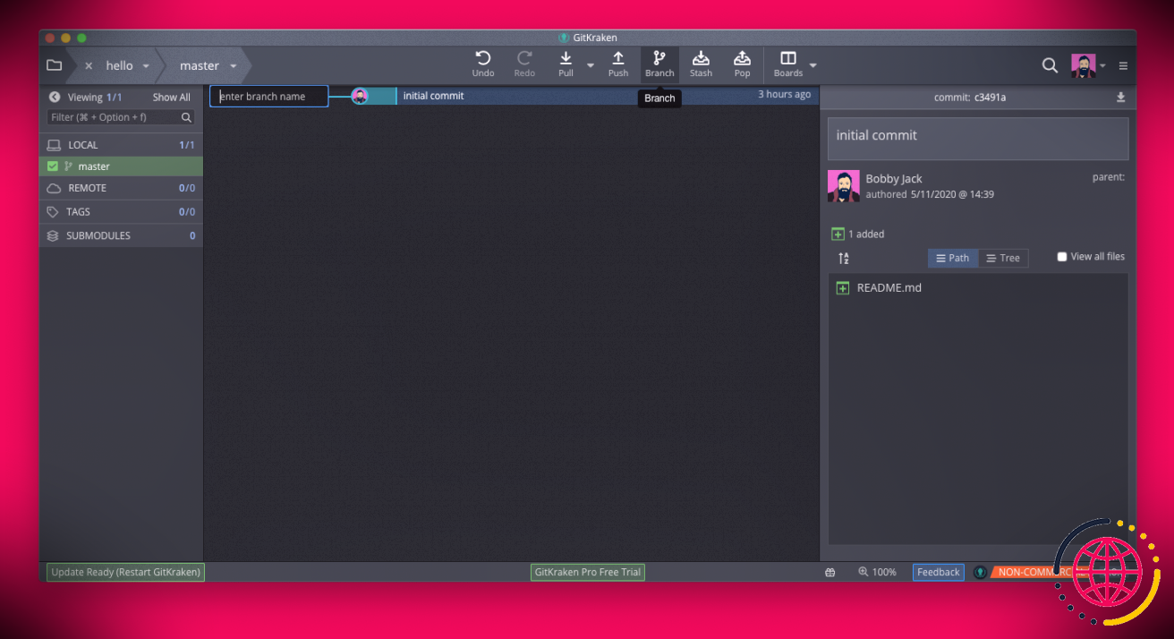 Capture d'écran Gitkraken montrant une nouvelle branche en cours de création