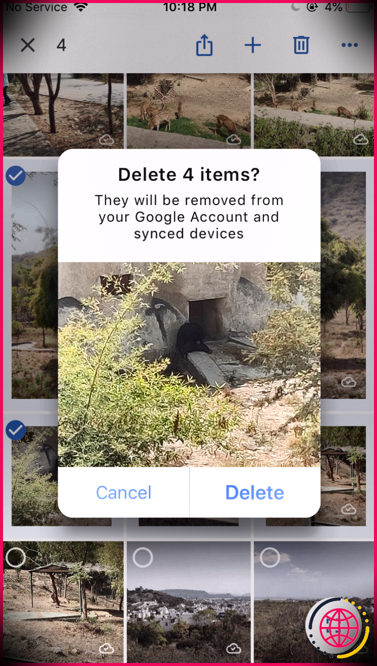 Invite de suppression de photos dans Google Photos pour iOS