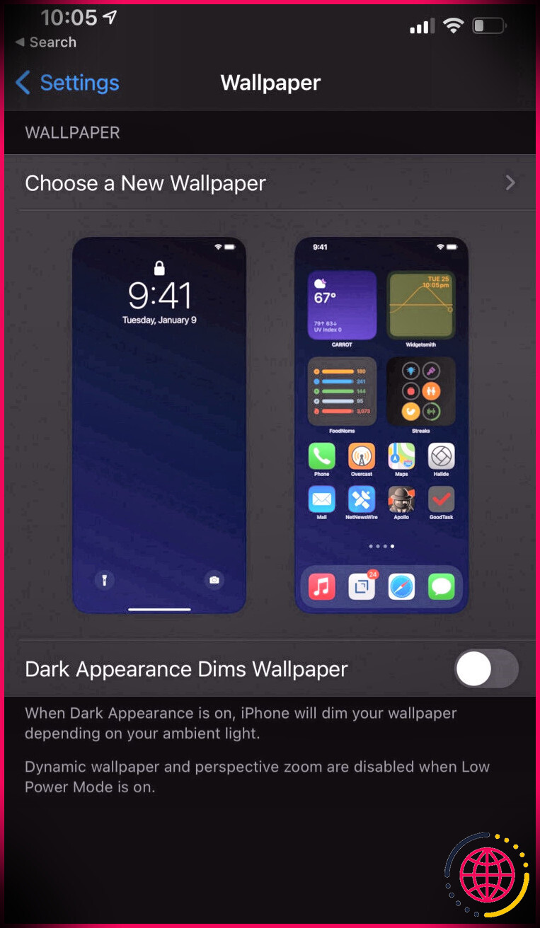 L'apparence sombre de l'iPhone assombrit le fond d'écran