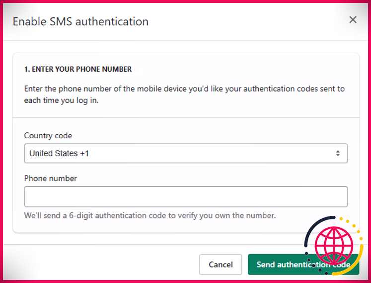Options de configuration de Shopify 2SA SMS, cliquez sur Envoyer le code d'authentification
