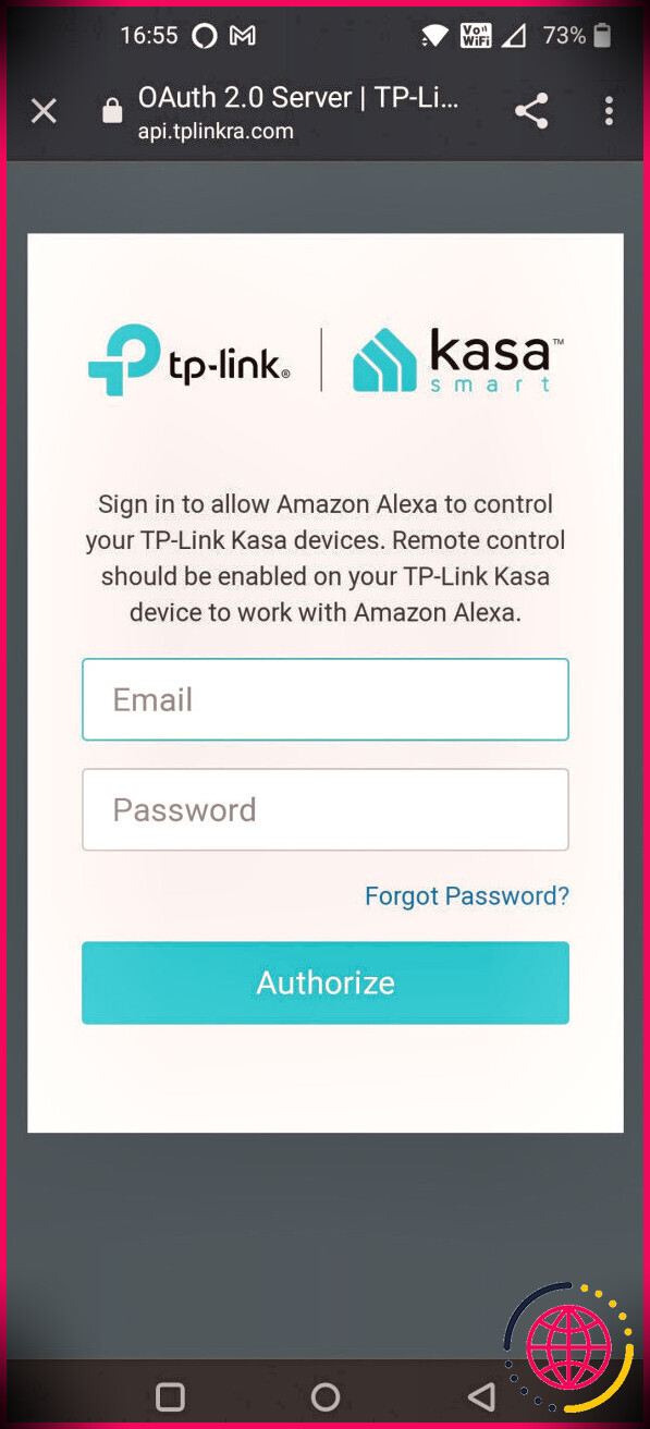 Page d'autorisation Kasa Smart Plug pour lier le compte à Alexa