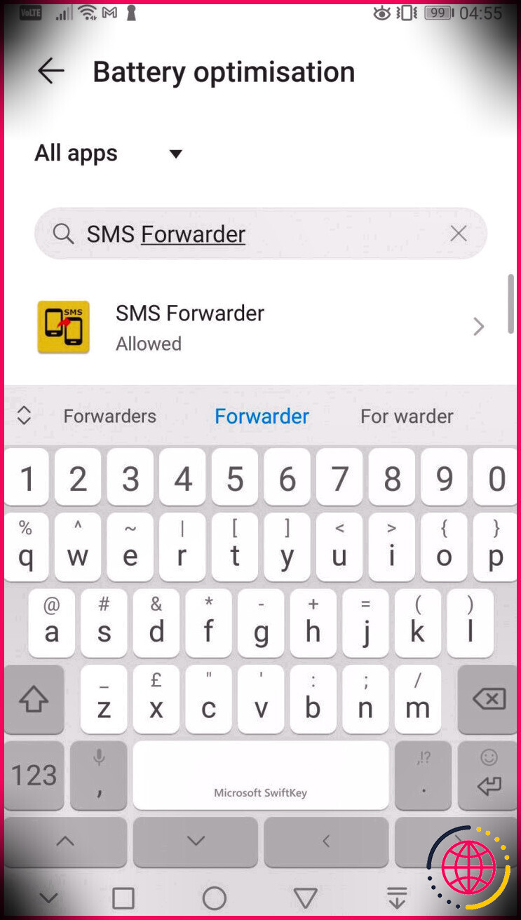 Recherchez SMS Forwarder dans les paramètres d'optimisation de la batterie