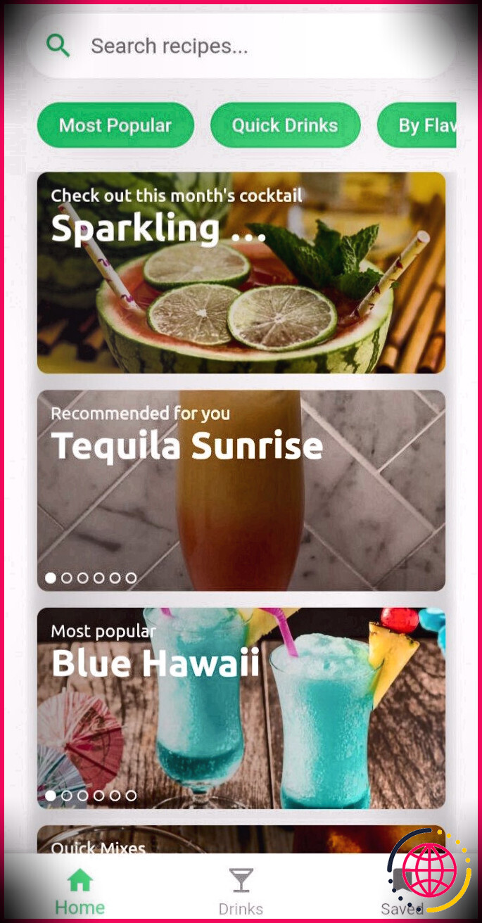 capture d'écran de la page d'accueil du cocktail diy