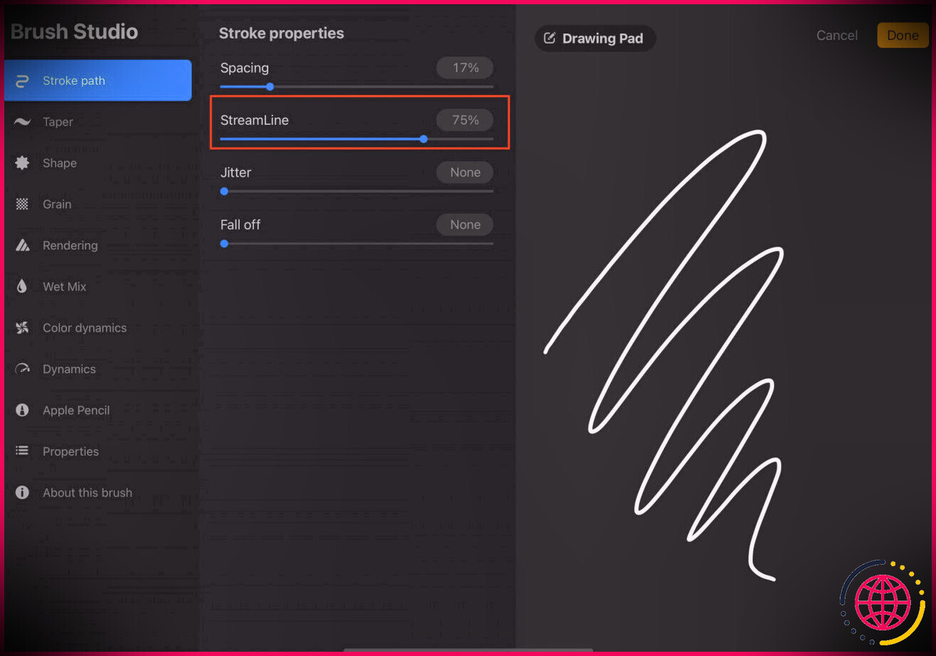 Capture d'écran montrant comment modifier la fonctionnalité Streamline dans Procreate pour iPad