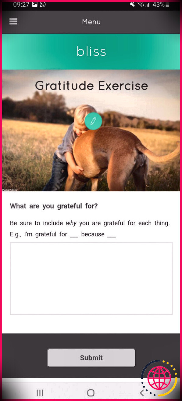 Invite d'exemple d'application de journal de gratitude Bliss