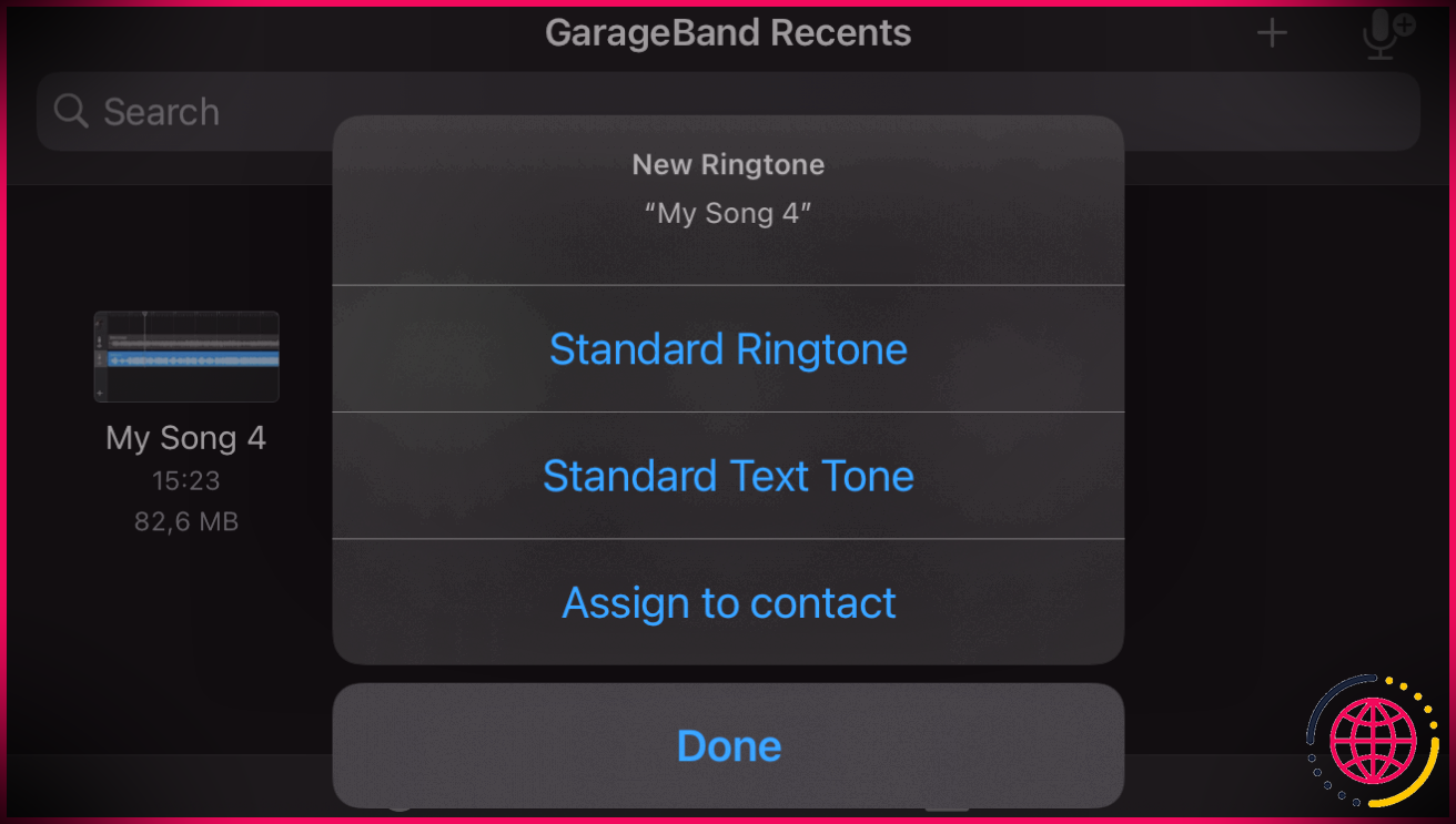 Options de sonnerie dans GarageBand