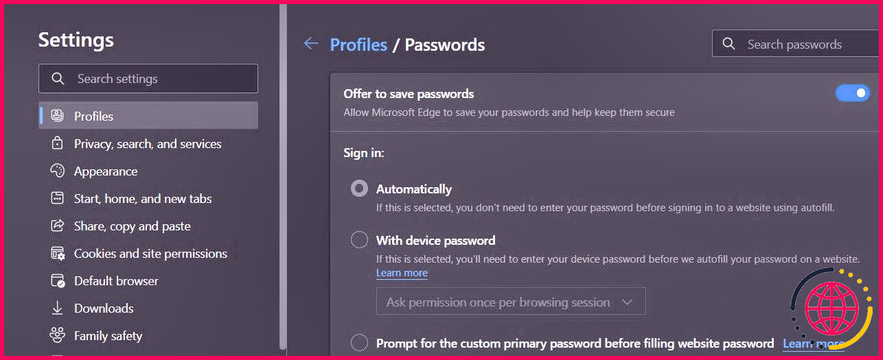 Activer le basculement de l'offre d'enregistrement des mots de passe dans Microsoft Edge