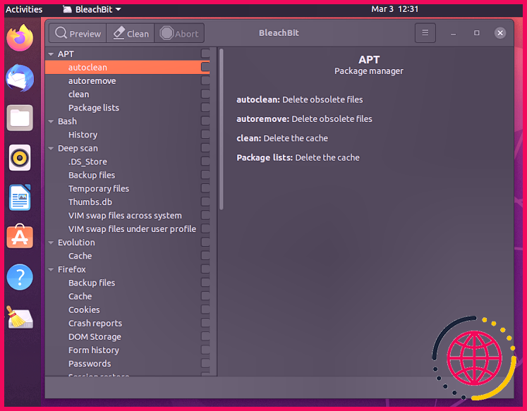 Capture d'écran de l'interface utilisateur de BleachBit Cleaner sur Ubuntu