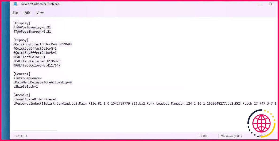 exemple de fallout 76 custom.ini modifié