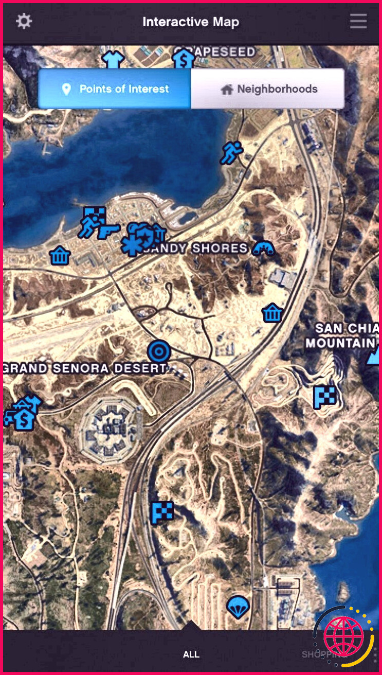 La carte interactive sur Grand Theft Auto V : l'application iOS manuelle affichant les points d'intérêt.